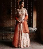 Cream dupion silk printed and embroidered anarkali set