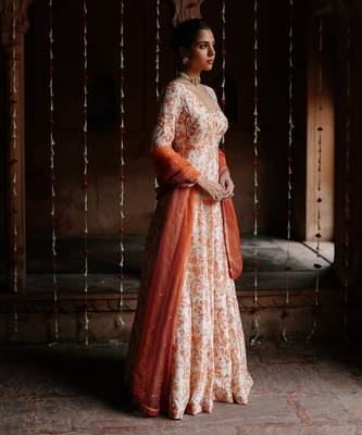 Cream dupion silk printed and embroidered anarkali set 2