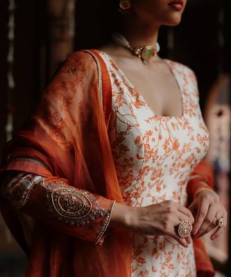 Cream dupion silk printed and embroidered anarkali set 3