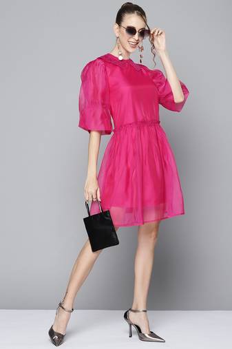 Magenta embroidered polyester short dresses