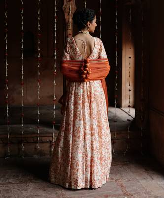 Cream dupion silk printed and embroidered anarkali set 4