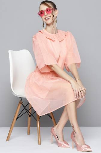 Pink embroidered polyester short dresses