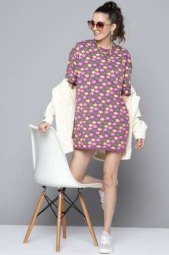 Purple printed cotton short dresses