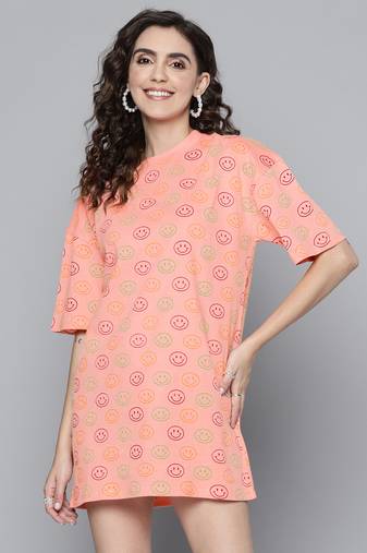 Pink printed cotton short dresses