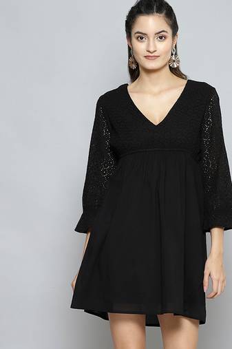 Black plain cotton short dresses