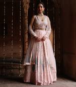 Pink Dupion Silk Printed and Hand Embroidered Lehenga Set