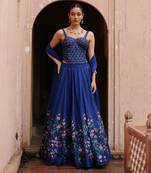 Blue Dupion Silk Printed Lehenga and Corset