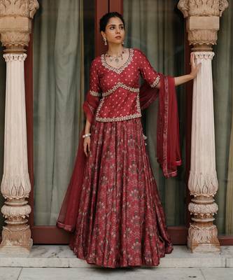 Red Dupion Silk Embroidered and Printed Lehenga Set 1