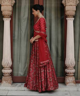 Red Dupion Silk Embroidered and Printed Lehenga Set 2