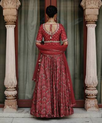 Red Dupion Silk Embroidered and Printed Lehenga Set 3