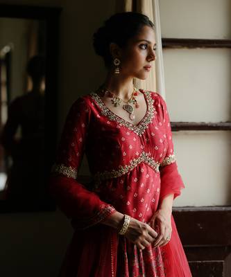 Red Dupion Silk Embroidered and Printed Lehenga Set 4