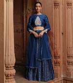 Blue Dupion Silk Embroidered and Printed Lehenga Set