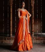 Orange Dupion Silk Embroidered and Printed Lehenga Set