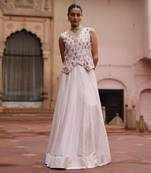 Pink Dupion Silk Printed Waistcoat and Skirt Set