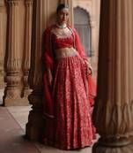 Red Dupion Silk Embroidered and Printed Lehenga Set