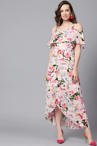 Pink printed crepe maxi dresses