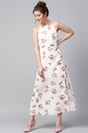 Pink printed georgette maxi dresses