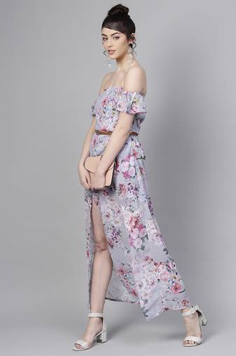 Grey printed georgette maxi dresses