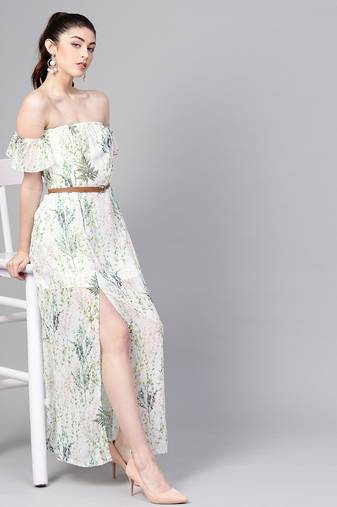 Off white printed georgette maxi dresses