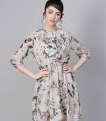 Green printed georgette short dresses