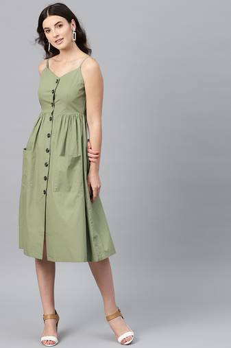 Olive plain poly cotton short dresses