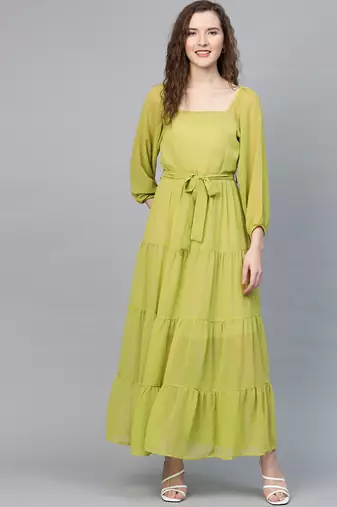 Green plain georgette maxi dresses
