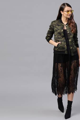 Green Poly Cotton Printed Floral Bomber Jacket