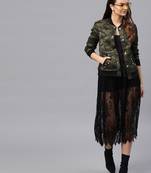 Green Poly Cotton Printed Floral Bomber Jacket