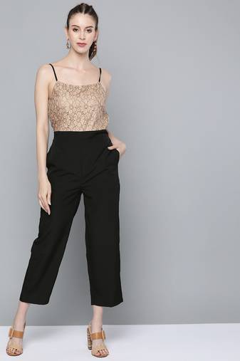 Beige plain poly cotton jumpsuit
