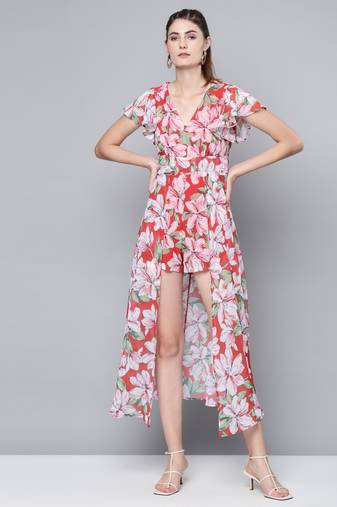Red printed polyester jumpsuit