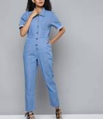 Blue plain denim jumpsuit