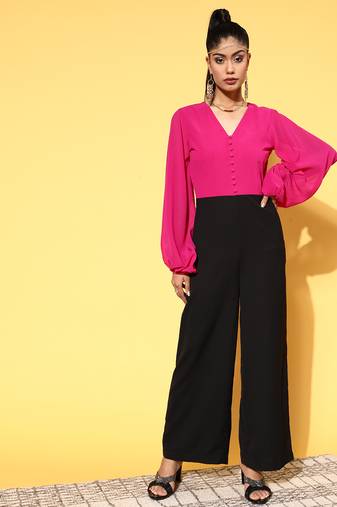 Pink plain polyester jumpsuit