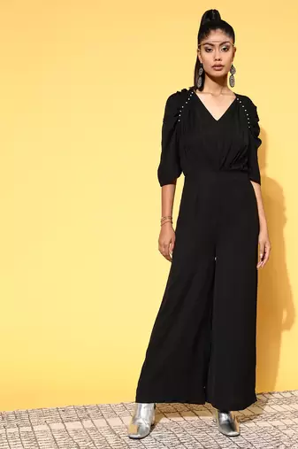 Black plain polyester jumpsuit