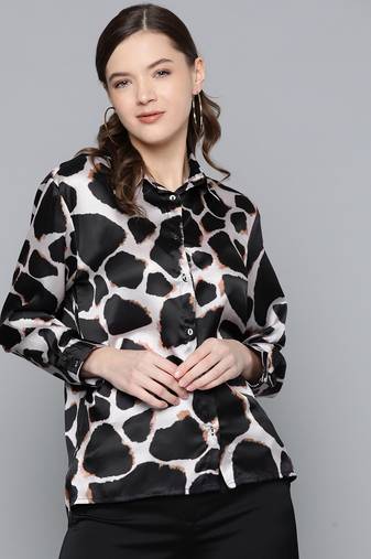 Beige printed satin women shirts
