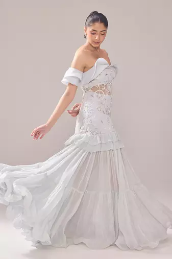 Grey net embroidery pearl sweetheart neck beryl gown