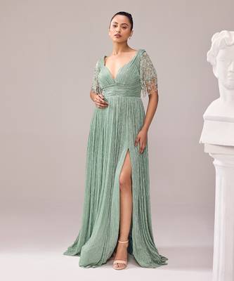 Green italian embroidery crystal sweetheart neck glory tassel gown 1