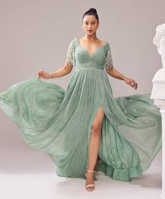 Green italian embroidery crystal sweetheart neck glory tassel gown 2