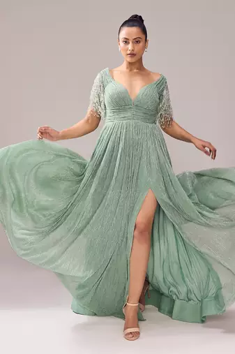 Green italian embroidery crystal sweetheart neck glory tassel gown