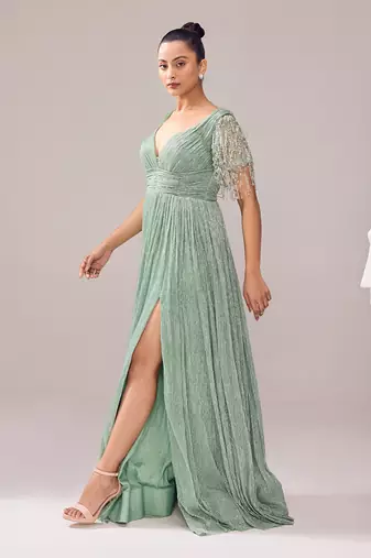 Green italian embroidery crystal sweetheart neck glory tassel gown