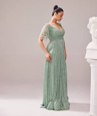 Green italian embroidery crystal sweetheart neck glory tassel gown 4