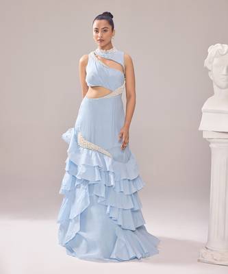 Blue organza embellished pearl high neck adelia neckline ruffle gown 1