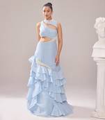 Blue organza embellished pearl high neck adelia neckline ruffle gown