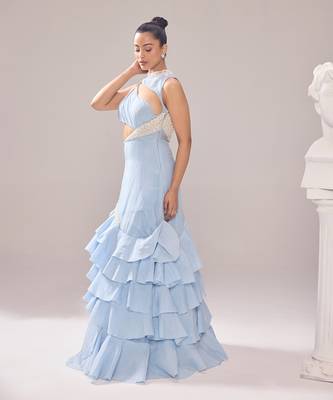 Blue organza embellished pearl high neck adelia neckline ruffle gown 2