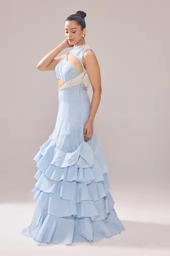 Blue organza embellished pearl high neck adelia neckline ruffle gown