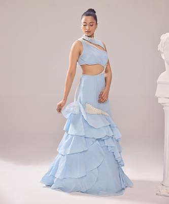 Blue organza embellished pearl high neck adelia neckline ruffle gown 3