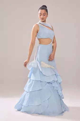 Blue organza embellished pearl high neck adelia neckline ruffle gown