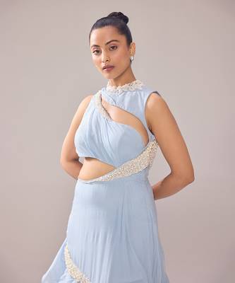 Blue organza embellished pearl high neck adelia neckline ruffle gown 4
