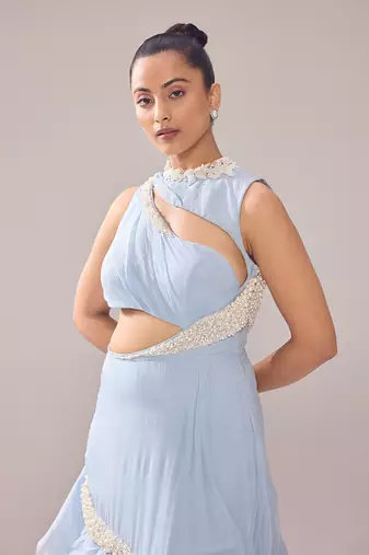 Blue organza embellished pearl high neck adelia neckline ruffle gown