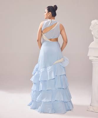 Blue organza embellished pearl high neck adelia neckline ruffle gown 5