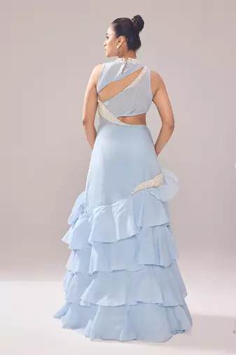 Blue organza embellished pearl high neck adelia neckline ruffle gown